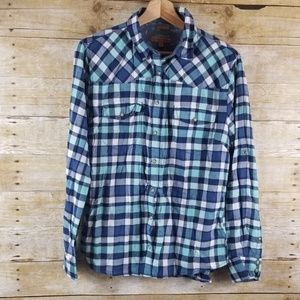 Jack's Girlfriend Blue White Teal Plaid Button Up